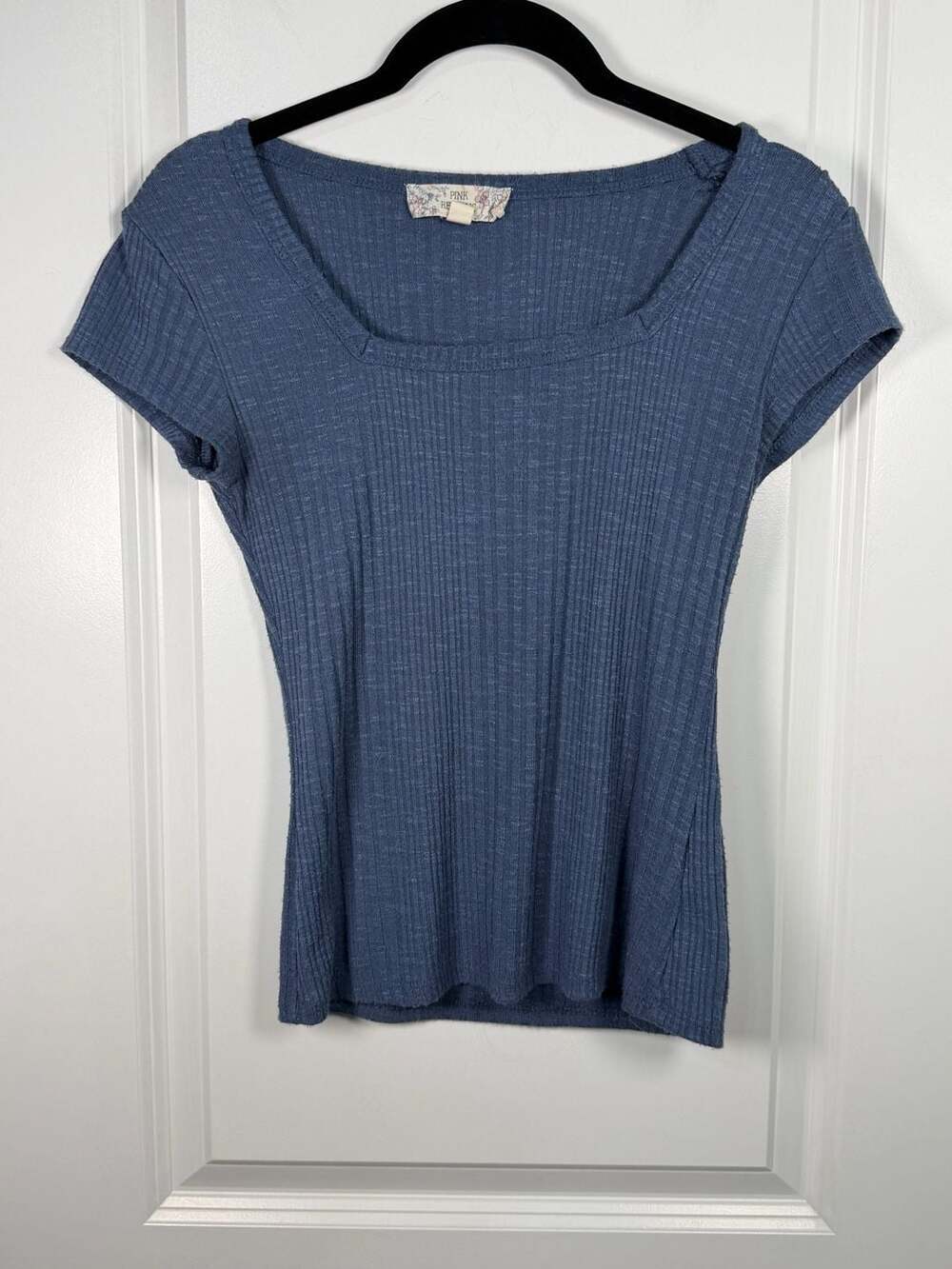 Pink Republic Midnight Blue Ribbed Short Sleeve Square Neck Top